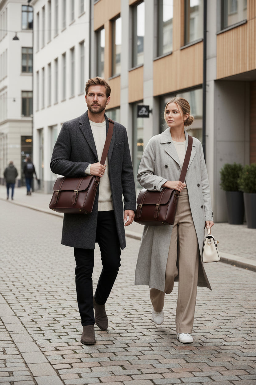 A man and a woman walking side-by-side on a cobblestone city street, each carrying a dark brown leather messenger bag with a shoulder strap. The man wears a dark gray overcoat over a cream sweater and black trousers, while the woman wears a light gray double-breasted coat over beige trousers.
